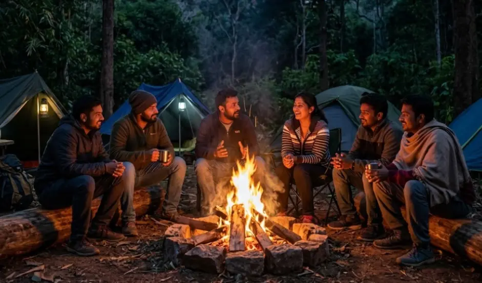 Group of friends around a campfire beside tents in the Dandeli forest