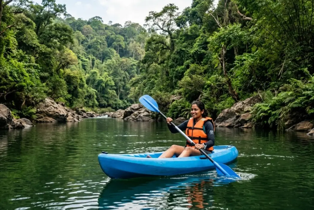 Kayaker paddling a blue kayak on a calm forest river in Dandeli