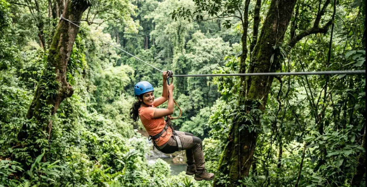 Traveller ziplining through dense green forest in Dandeli